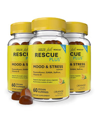 RESCUE Bach Plus Mood & Stress Gummies bottle closeup for calm support
