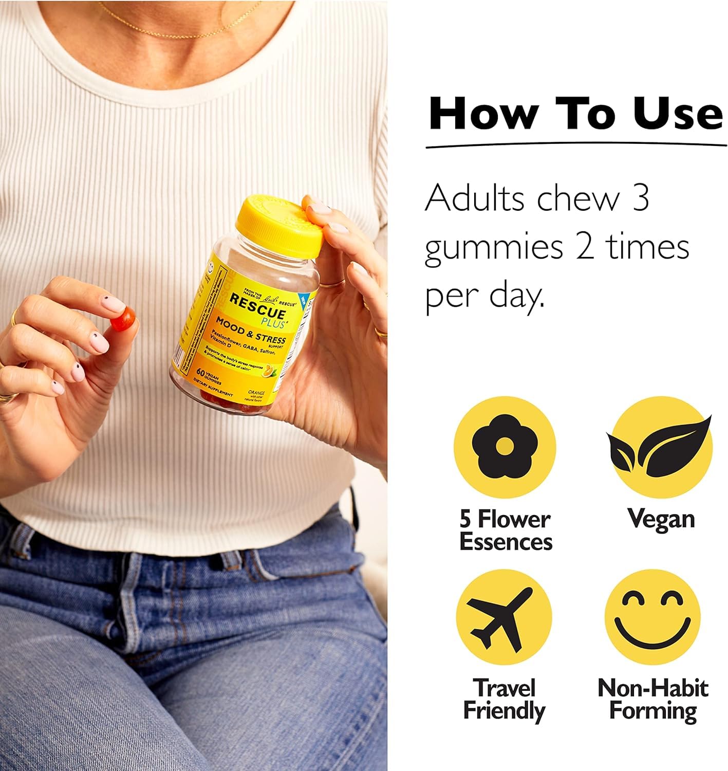 RESCUE Bach Plus Mood & Stress Gummies 3-pack display for daily routine