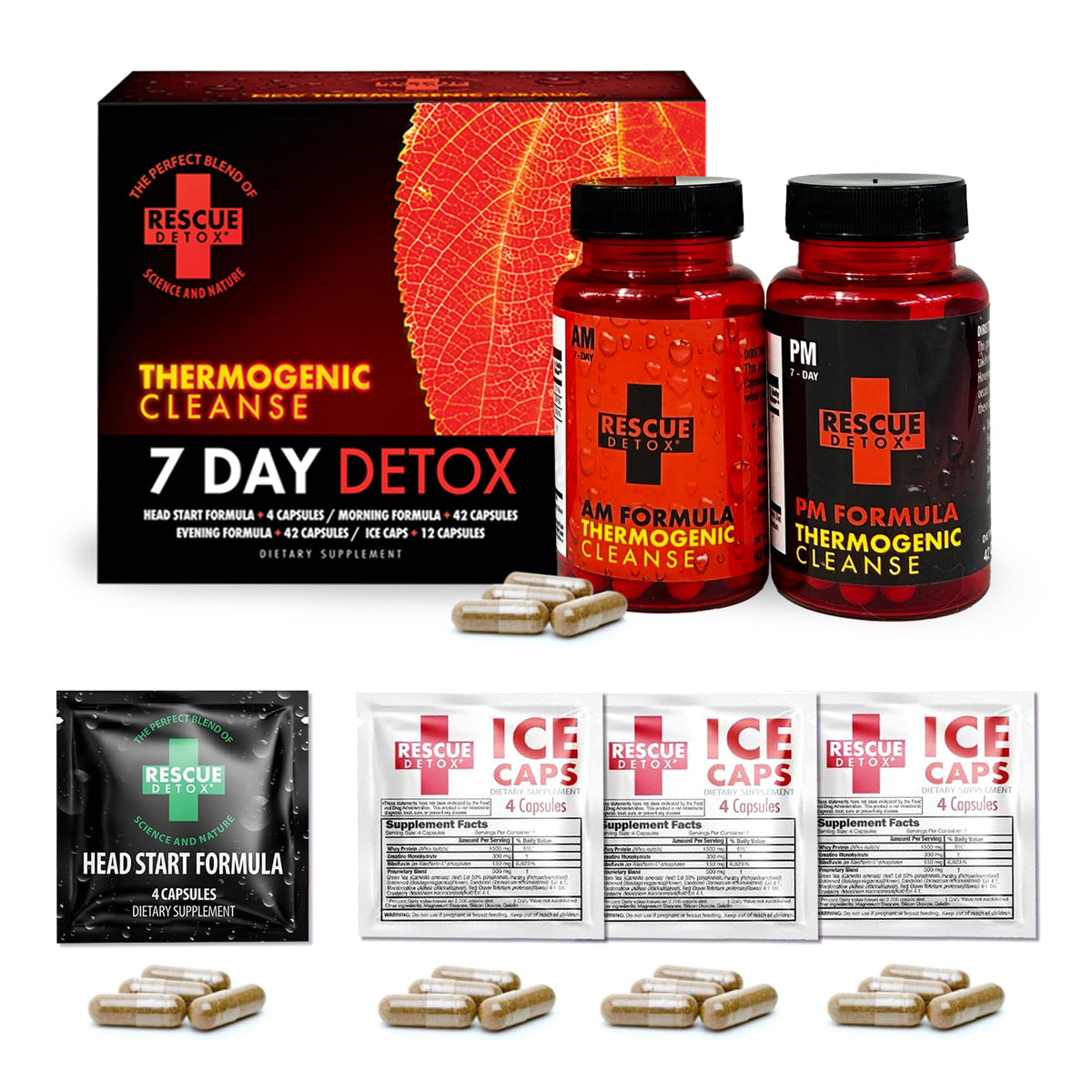 Rescue Detox 7 Day Thermogenic bottle and capsules ready for daily routine, full-body detox potential