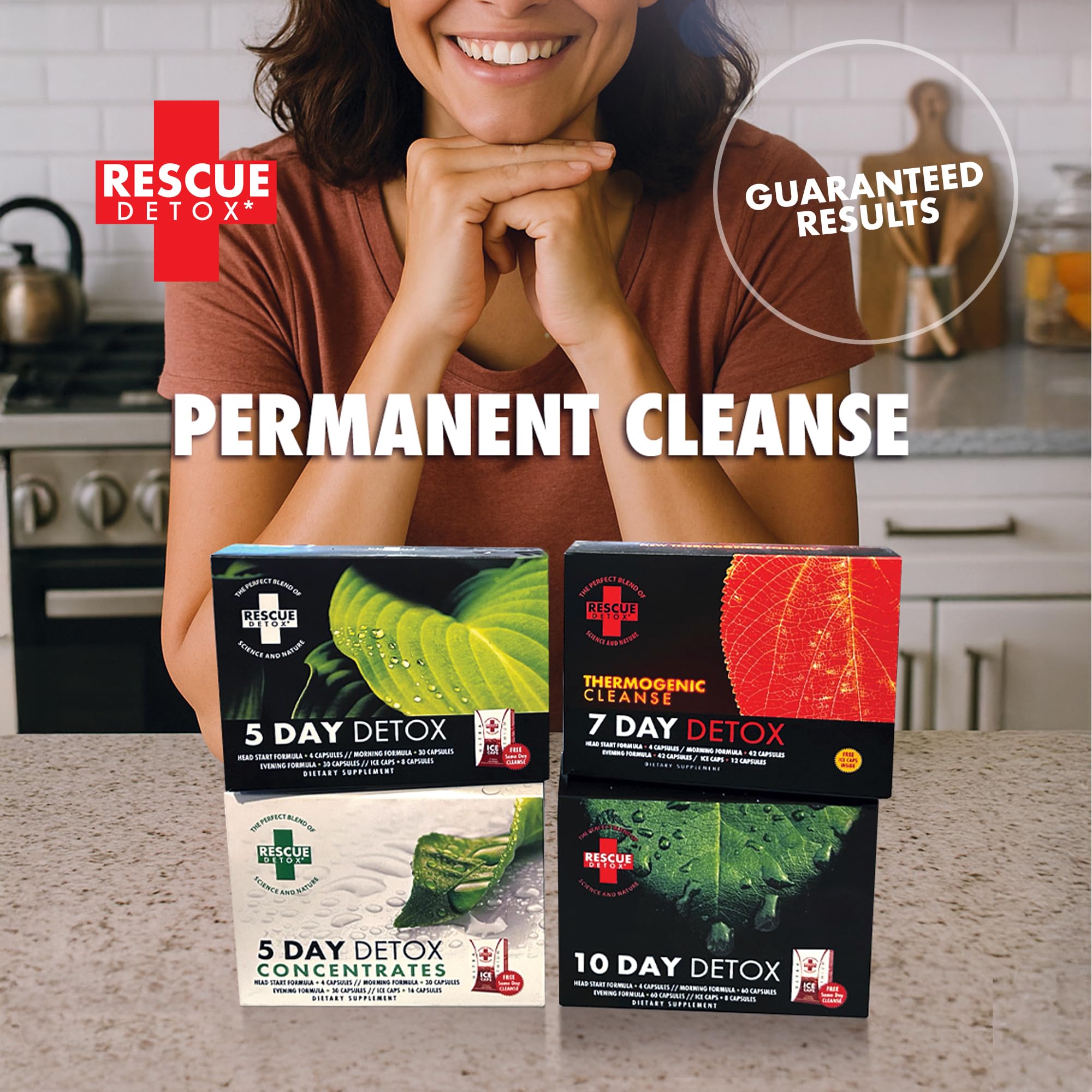 Rescue Detox packaging label emphasizing product contents and instructions.
