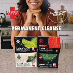 Rescue Detox packaging label emphasizing product contents and instructions.