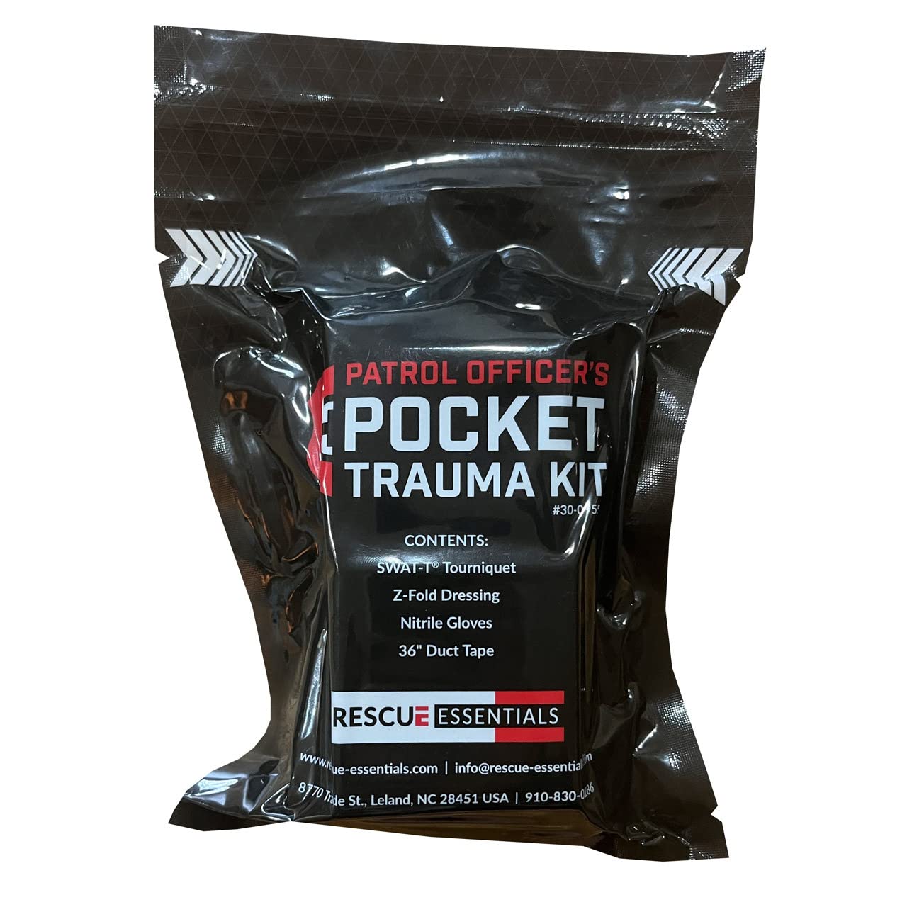 Rescue Essentials pocket trauma kit in a vacuum sealed pouch for rapid access