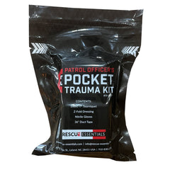 Rescue Essentials pocket trauma kit in a vacuum sealed pouch for rapid access