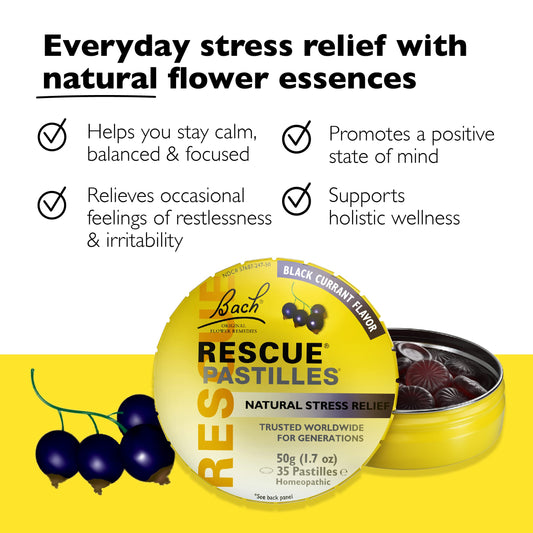 RESCUE pastilles black currant box showing convenient 4-pack