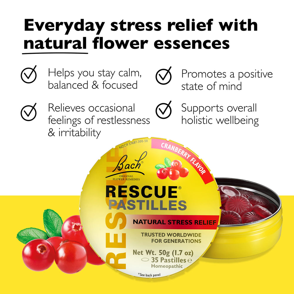 RESCUE Bach Rescue Pastilles Cranberry pack back shows gluten-free and sugar-free packaging.