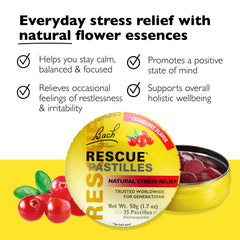 RESCUE Bach Rescue Pastilles Cranberry pack back shows gluten-free and sugar-free packaging.