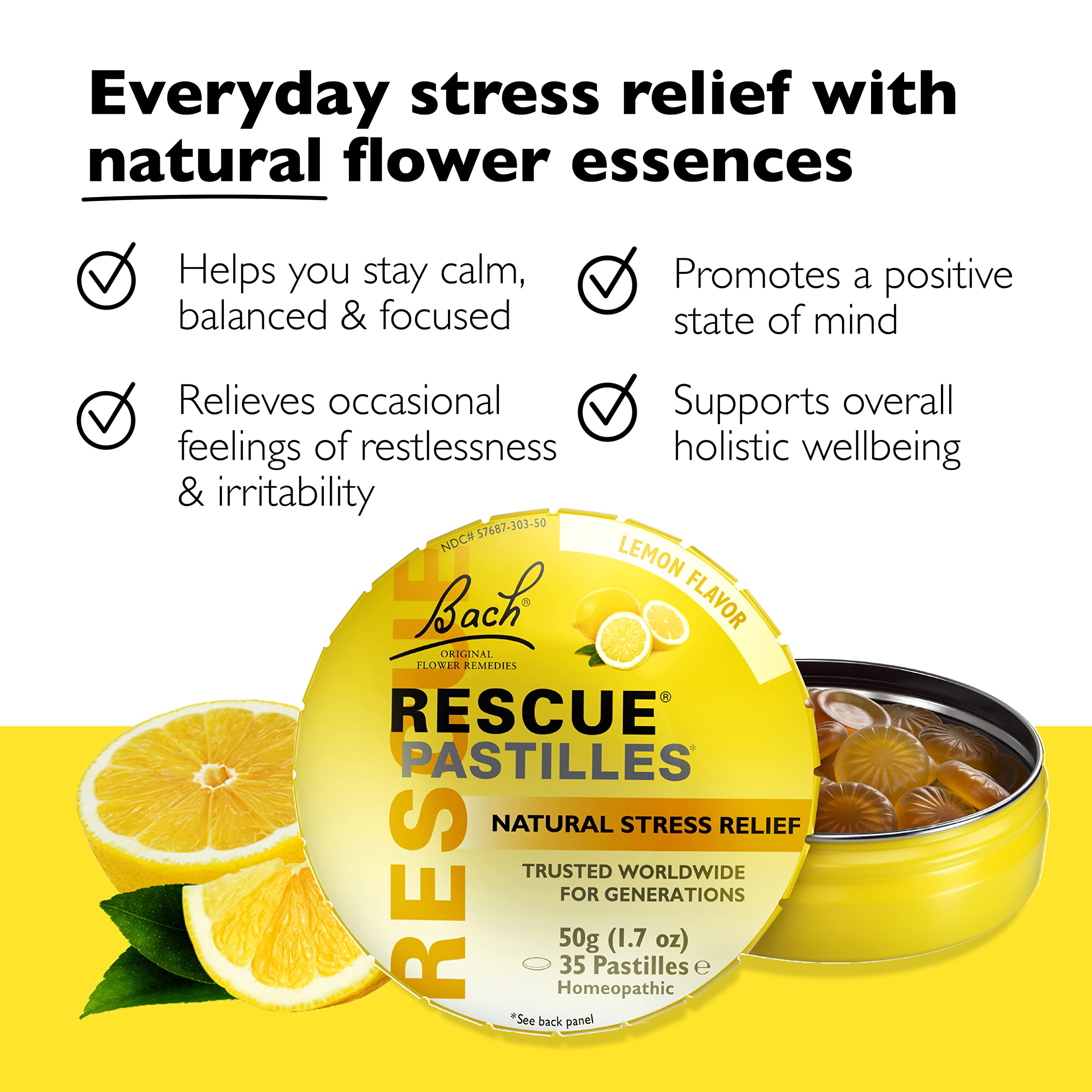 RESCUE Pastilles Lemon lozenge closeup highlighting lemon flavor and soothing texture