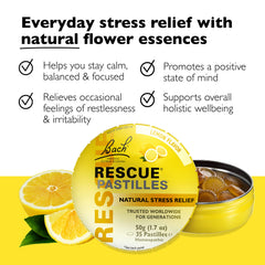 RESCUE Pastilles Lemon lozenge closeup highlighting lemon flavor and soothing texture