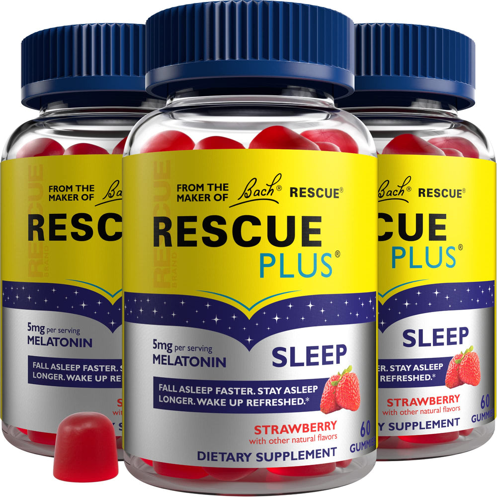 RESCUE PLUS melatonin sleep gummies bottle shown for easy nightly use