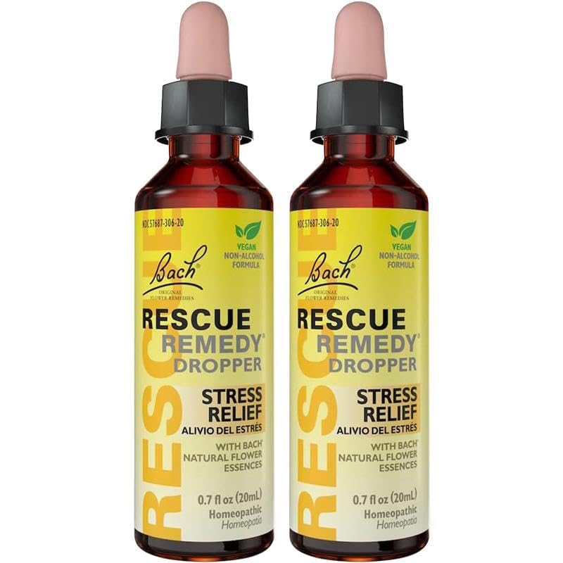 RESCUE Remedy dropper bottle showing non-alcohol formula for on-the-go calm