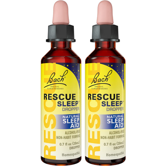 RESCUE Sleep Dropper bottle close-up shows calming blend for restful nights.