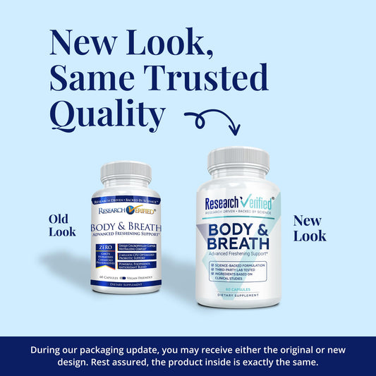 Research Verified 60 vegan capsules ready for daily odor and breath support.