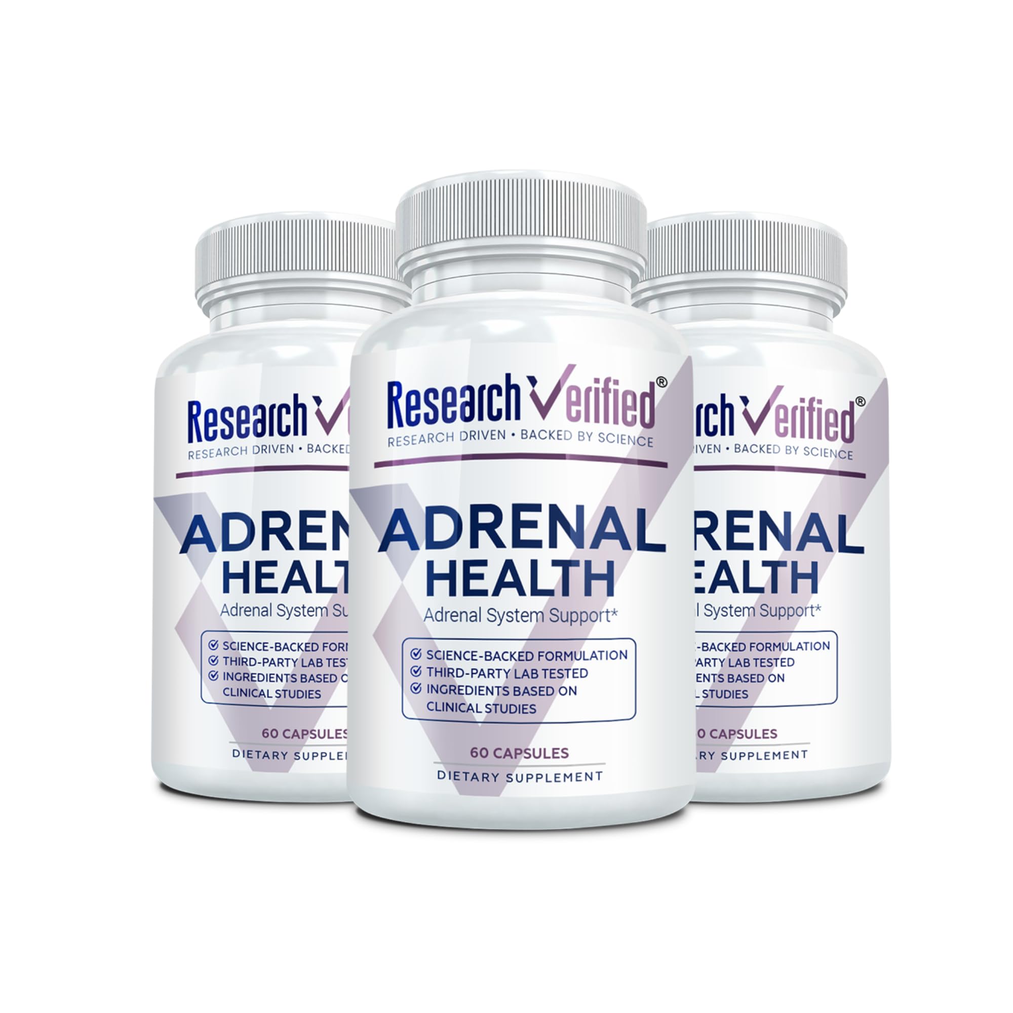 Front view of Research Verified Adrenal Support bottle for daily energy balance.