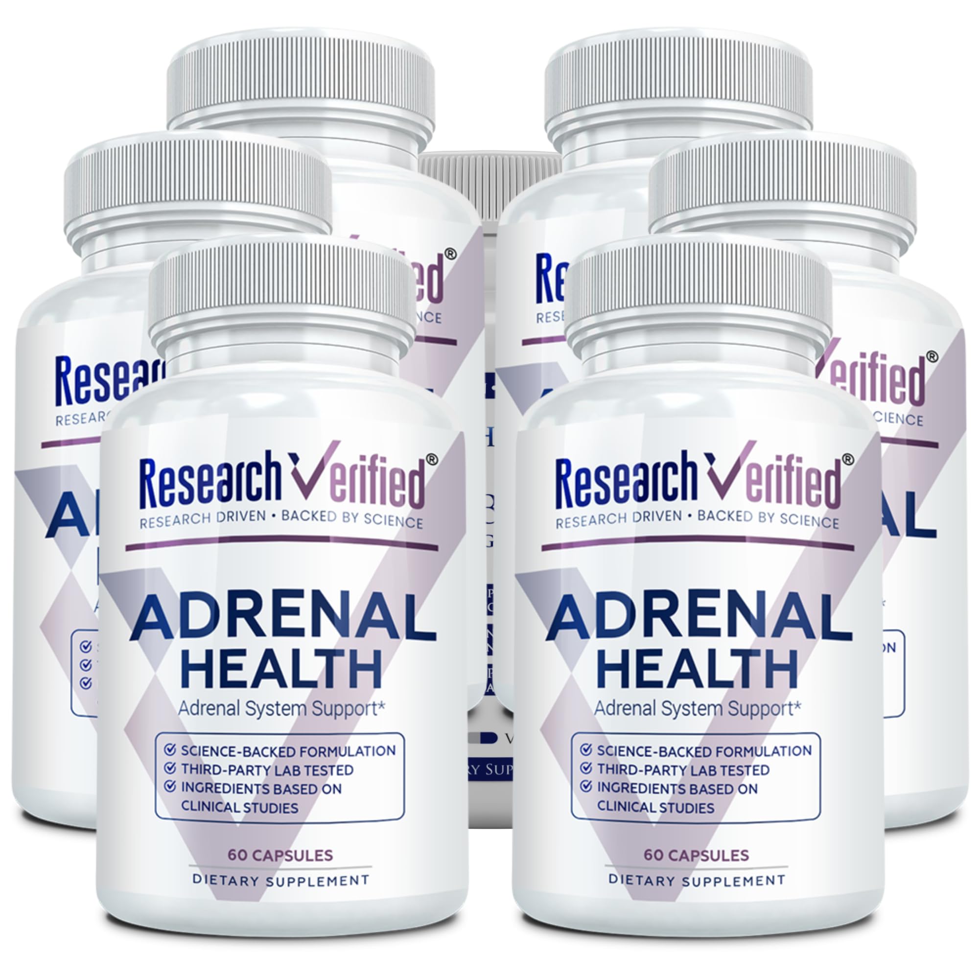 Research Verified Adrenal Support bottle front for daily wellness visualization.