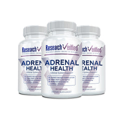Front view of Research Verified Adrenal Support bottle for daily energy balance.
