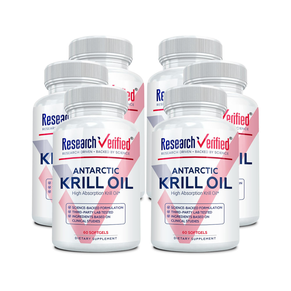 Research Verified Antarctic Krill Oil bottle with softgels for potential heart and cognitive support.