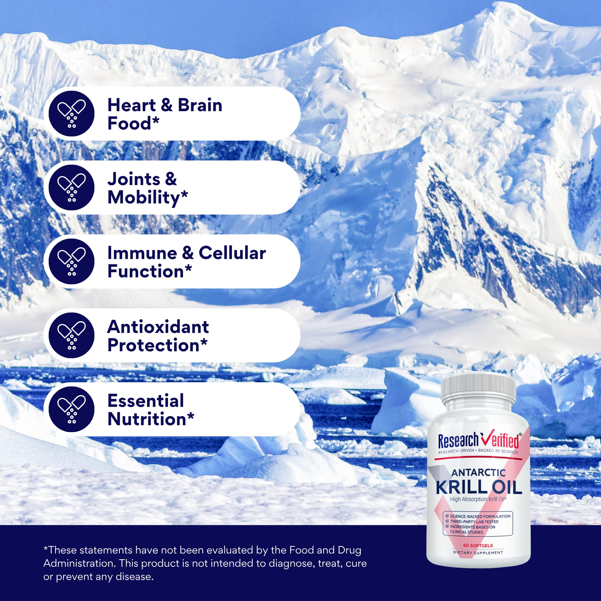 Research Verified Antarctic Krill Oil bottle with glass of water for convenient everyday use.