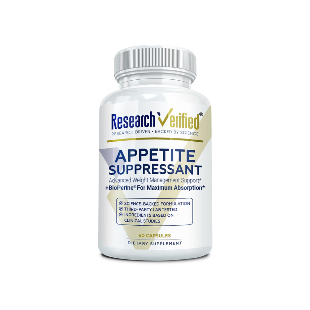 Research Verified Appetite Suppressant bottle label shows easy-dose guidance for mindful use and appetite awareness.
