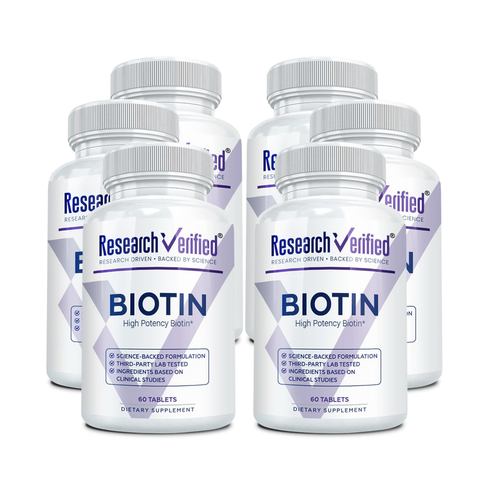 Research Verified Biotin bottle front view with 360 vegan tablets for hair health.