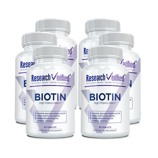 Research Verified Biotin bottle front view with 360 vegan tablets for hair health.