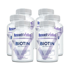 Research Verified Biotin bottle front view with 360 vegan tablets for hair health.