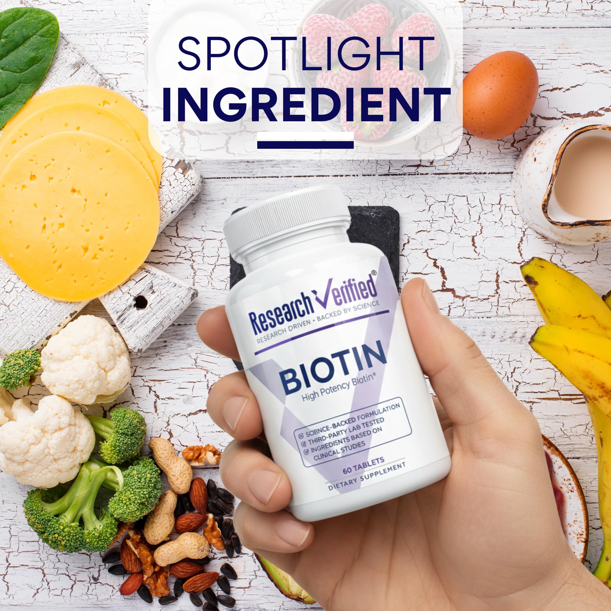 Research Verified Biotin bottle on vanity suggests daily hair skin nails routine.