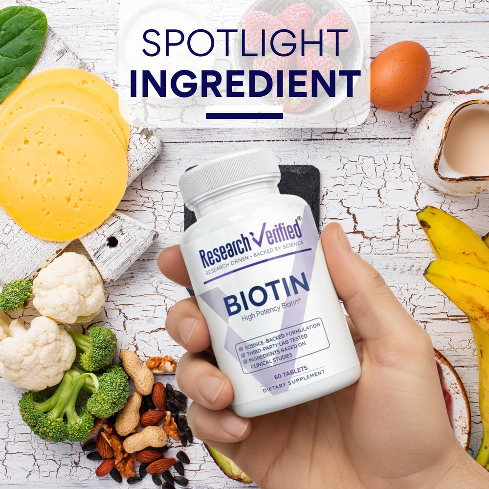 Research Verified Biotin bottle on vanity suggests daily hair skin nails routine.
