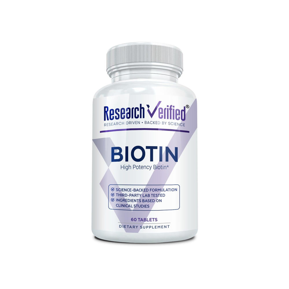 Research Verified Biotin bottle displays pure extra-strength formula for daily use.