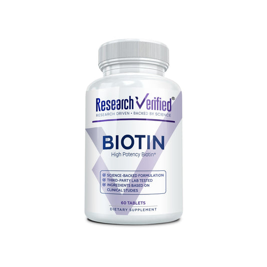 Research Verified Biotin bottle displays pure extra-strength formula for daily use.