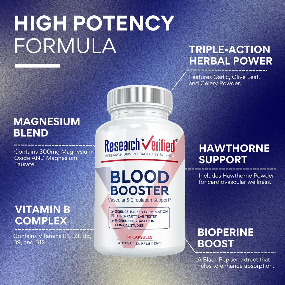 Research Verified Blood Booster label close-up, emphasizing natural ingredients for blood support.