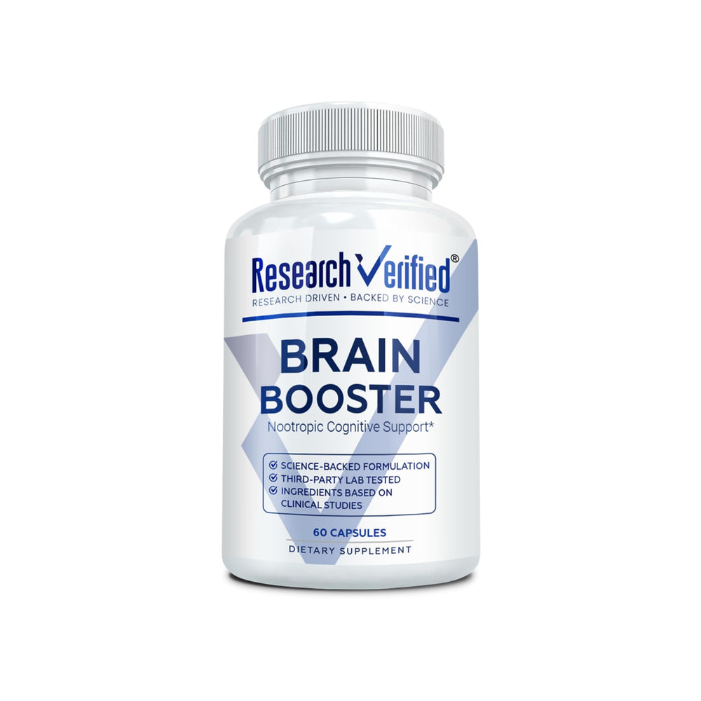 Research Verified Brain Booster bottle close-up with vegan capsules for focused study.