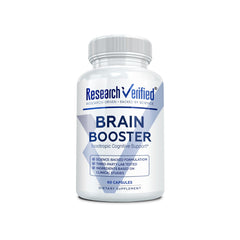 Research Verified Brain Booster bottle close-up with vegan capsules for focused study.