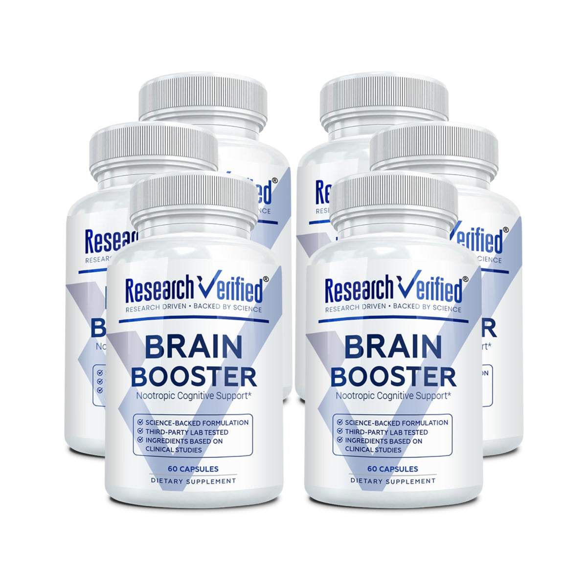Research Verified Brain Booster bottle front view for cognitive support.