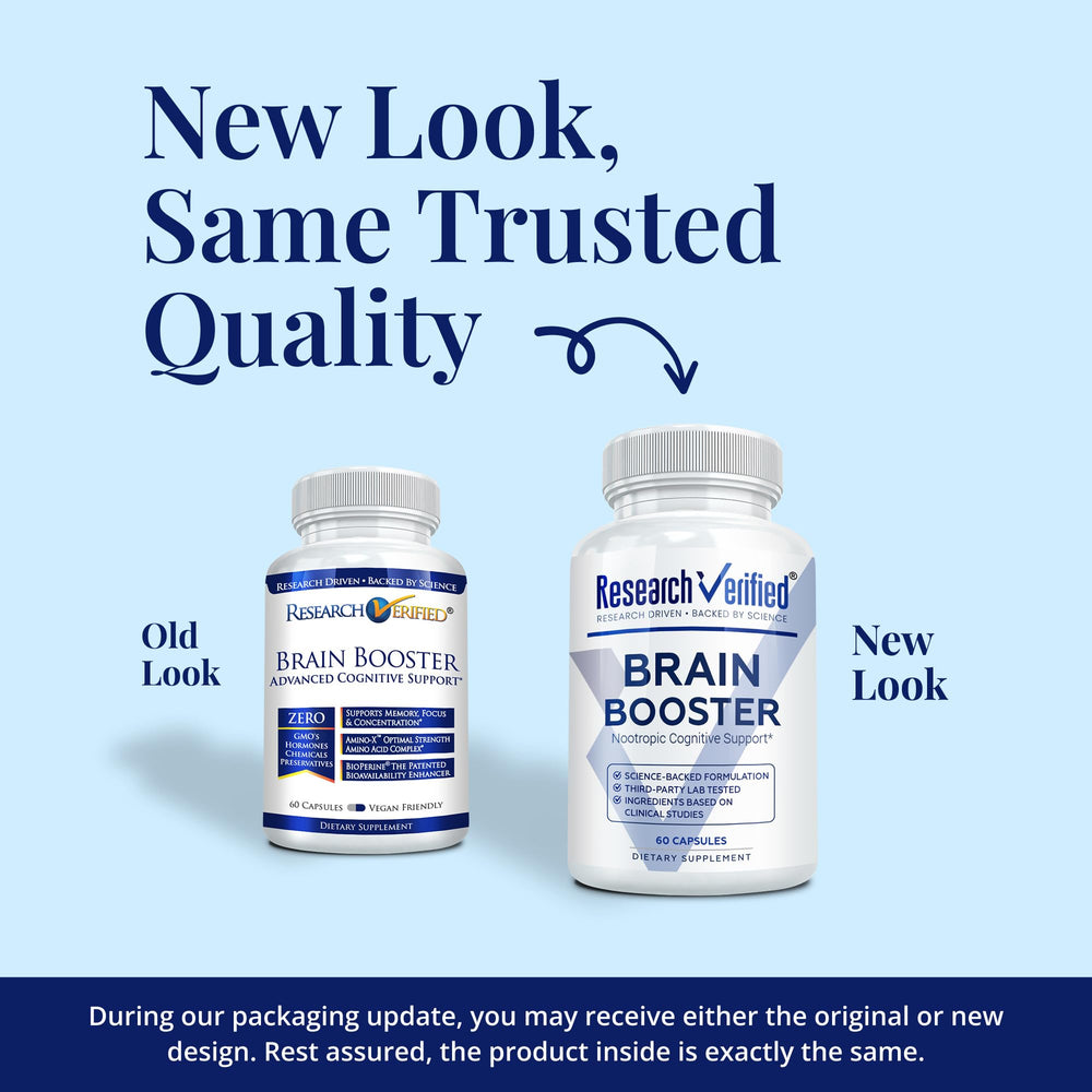Research Verified Brain Booster at a desk implies concentration support.