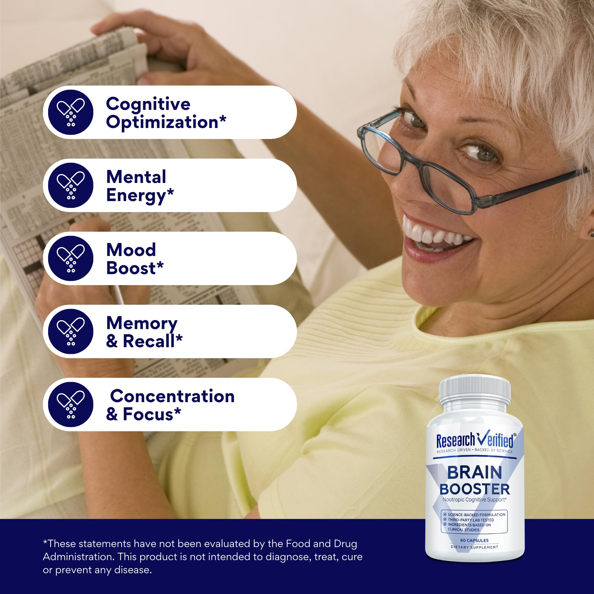 Research Verified Brain Booster ingredients overlay emphasizes L-Tyrosine and B vitamins.