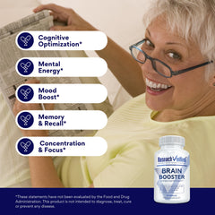 Research Verified Brain Booster ingredients overlay emphasizes L-Tyrosine and B vitamins.
