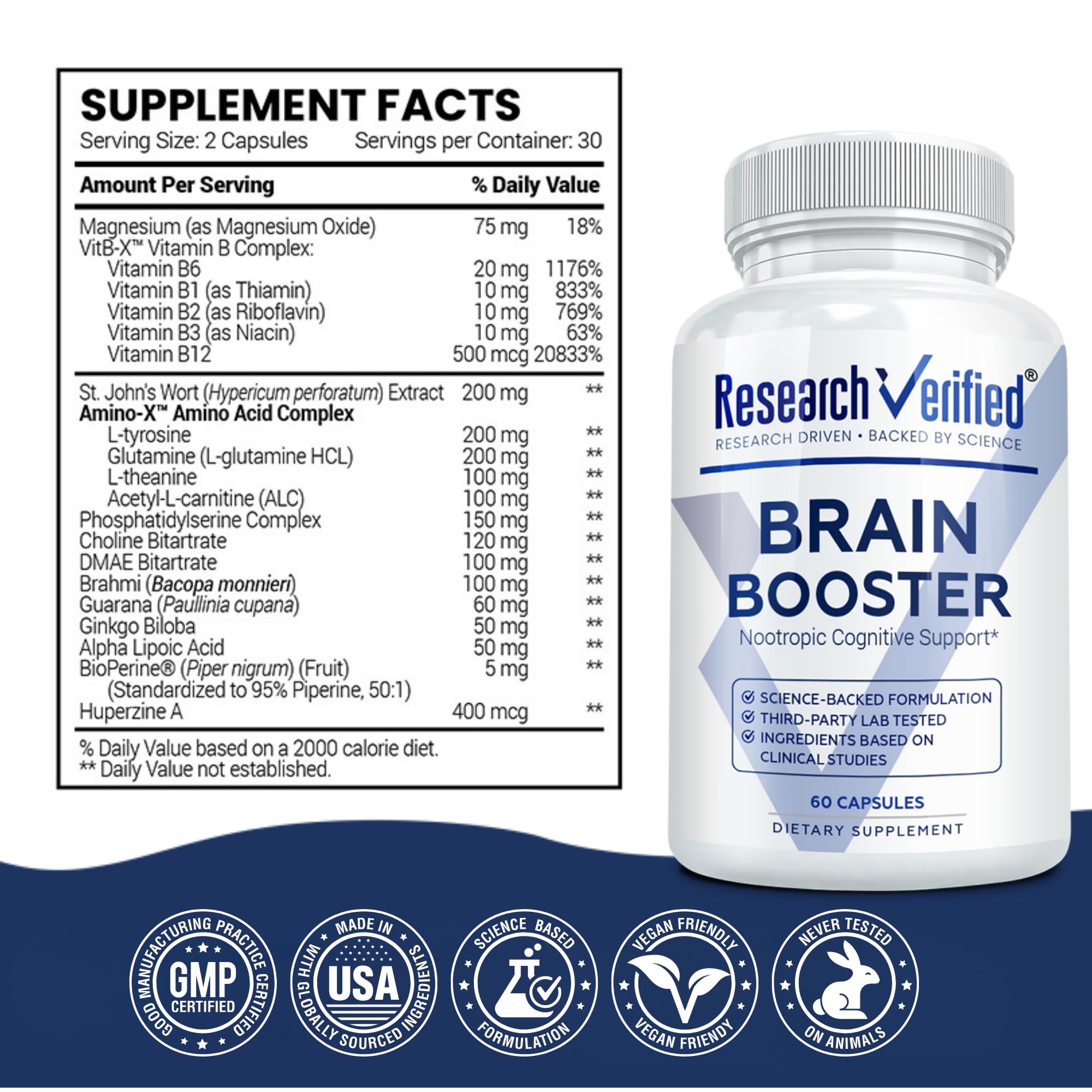 Research Verified Brain Booster pack shot highlights three-bottle value.