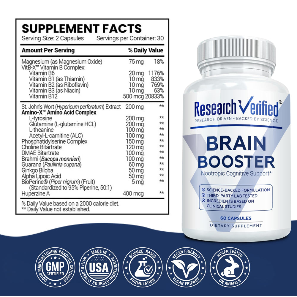 Research Verified Brain Booster pack shot highlights three-bottle value.