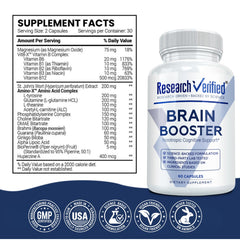 Research Verified Brain Booster pack shot highlights three-bottle value.