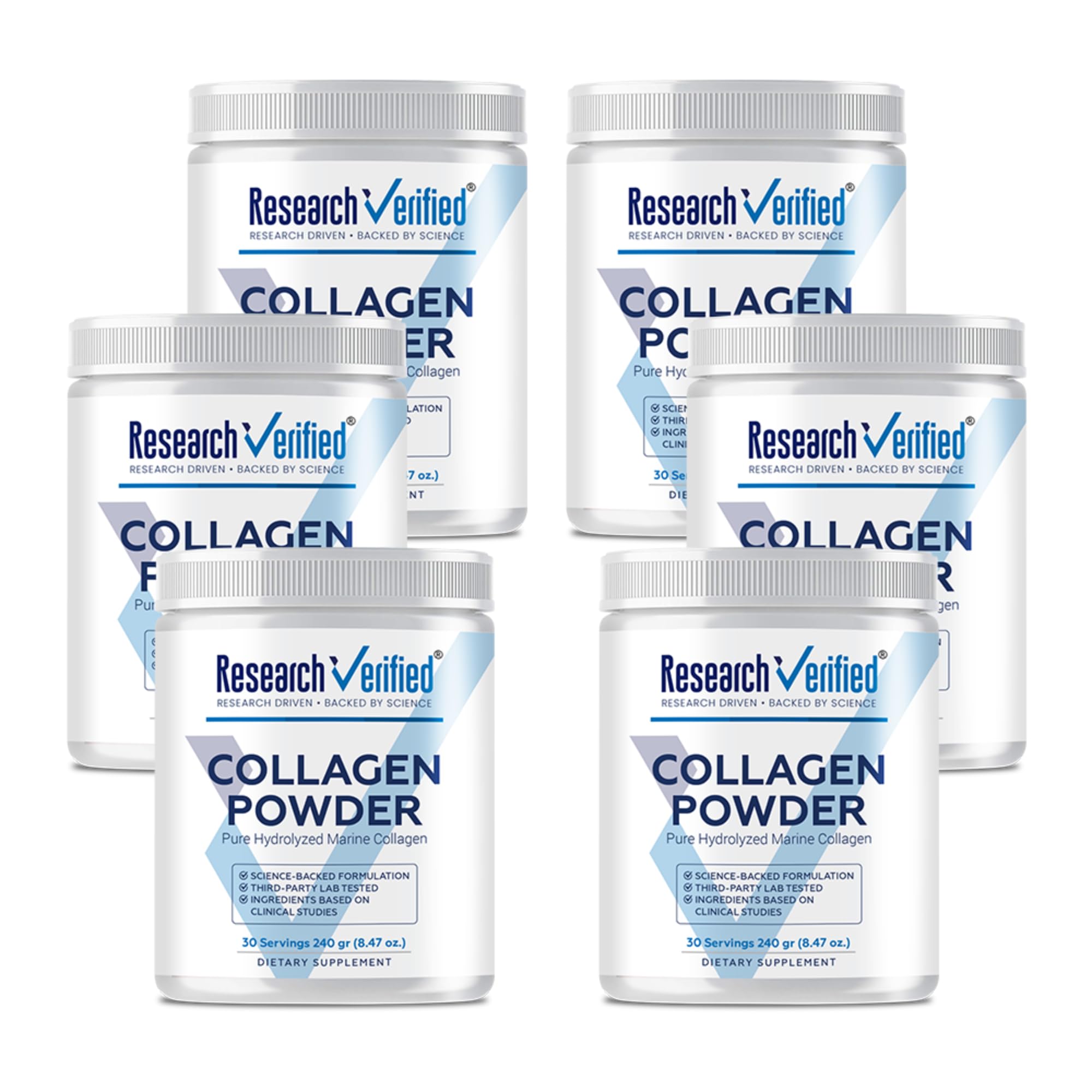 Research Verified Collagen Powder bottle showcases unflavored marine peptides for skin hydration and elasticity.