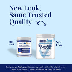 Research Verified Collagen Powder pour illustrates easy mix into beverages for daily skin support.