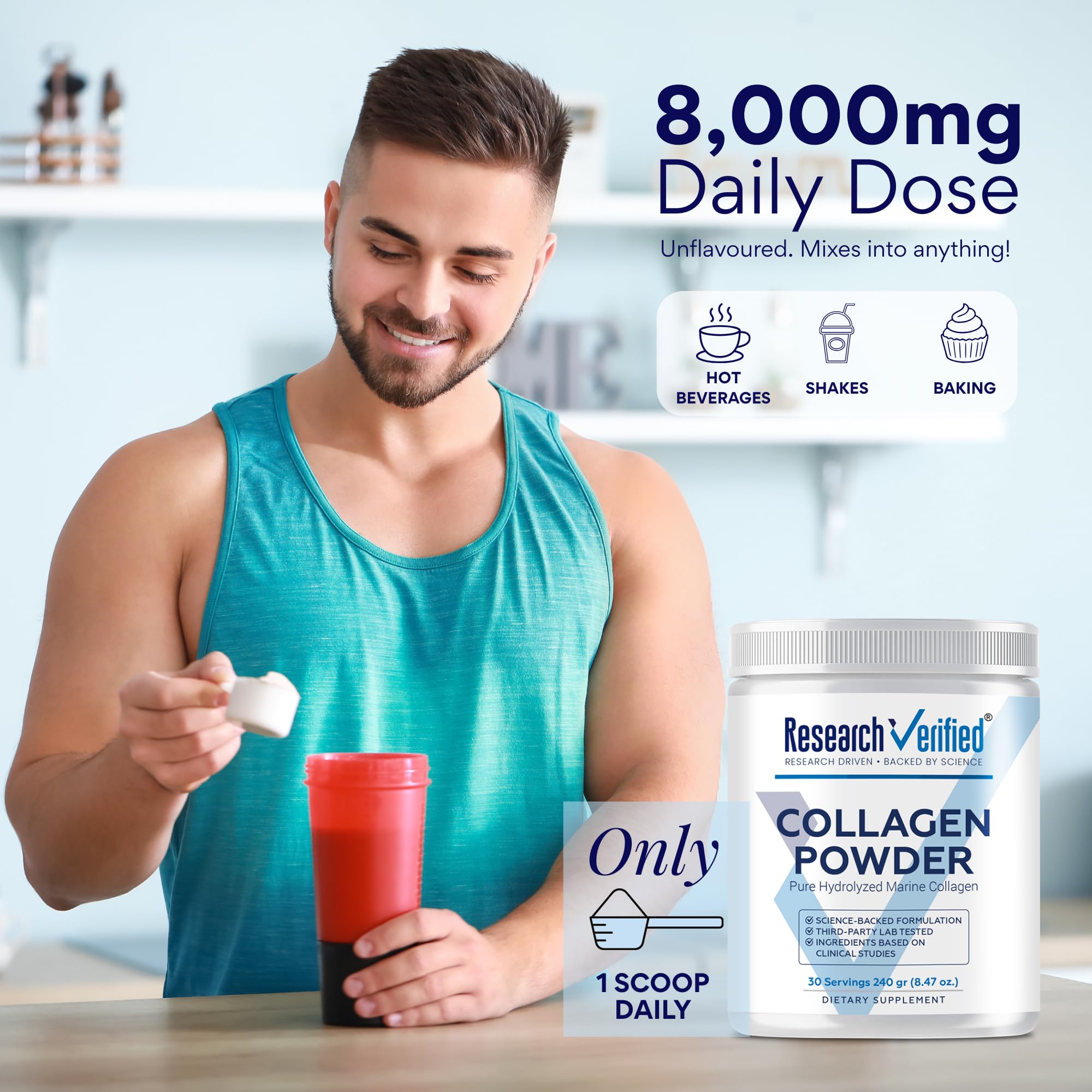 Research Verified Collagen Powder smoothie visual suggests seamless integration into morning routines.