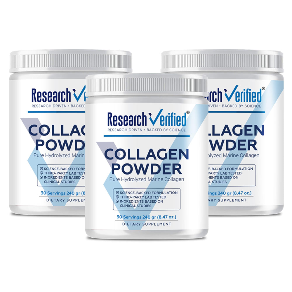 Research Verified Collagen Powder tub displaying unflavored formula for skin and hair support