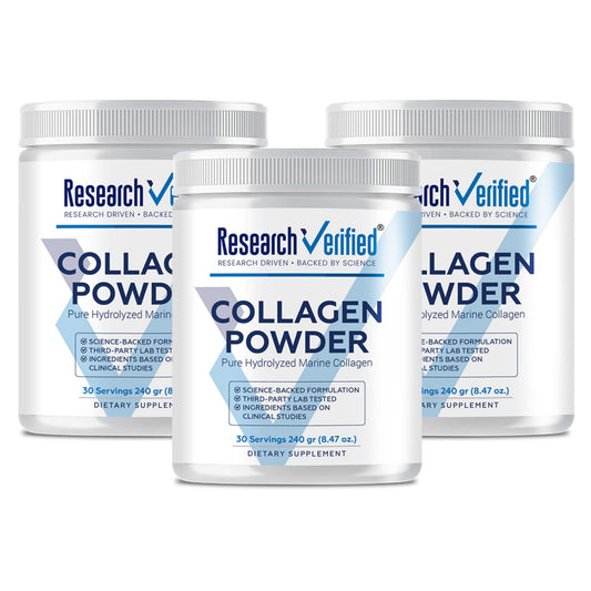 Research Verified Collagen Powder tub displaying unflavored formula for skin and hair support