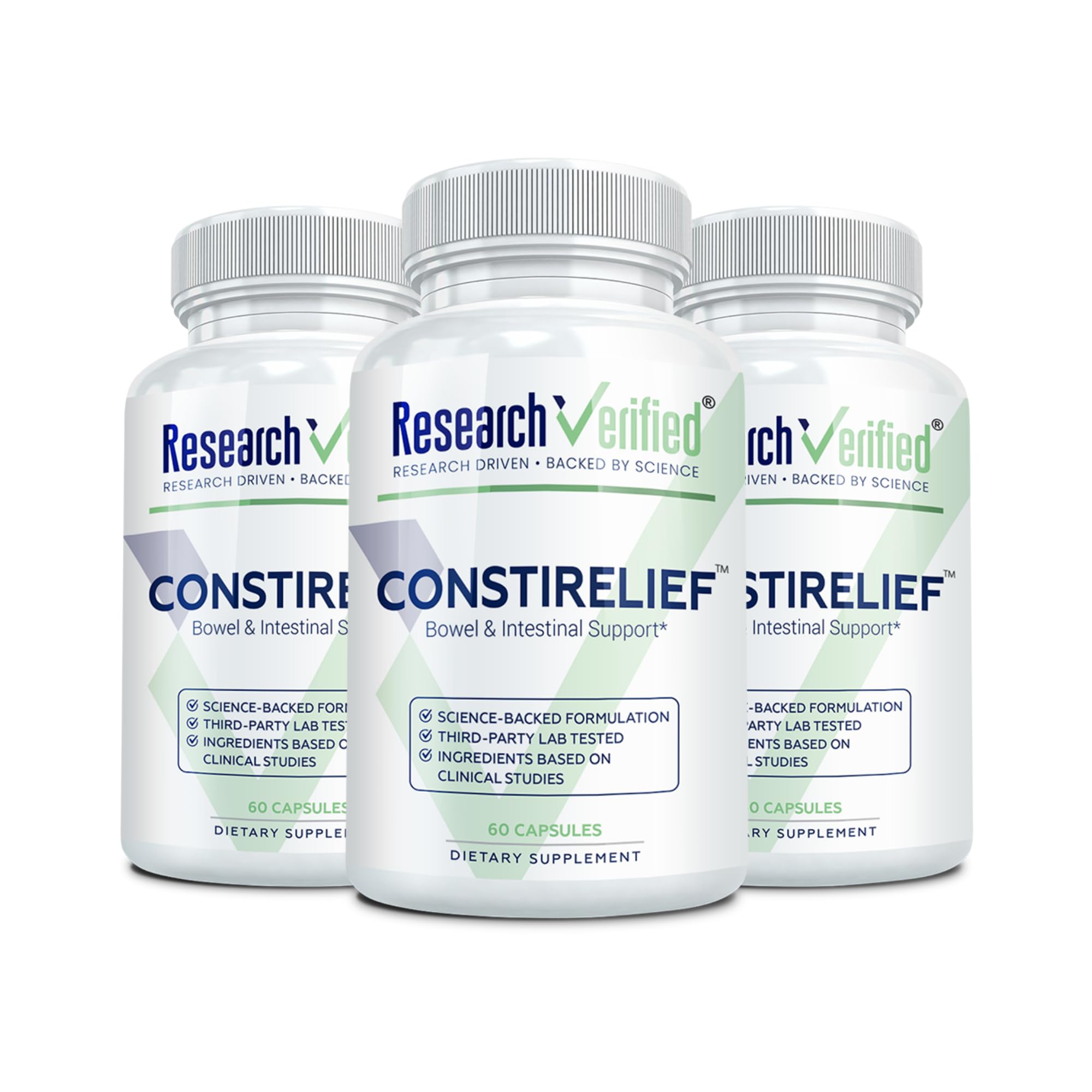 Research Verified ConstiRelief bottle front promoting daily digestive comfort
