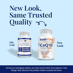 Research Verified CoQ10 bottle closeup highlights Bioperine for absorption.