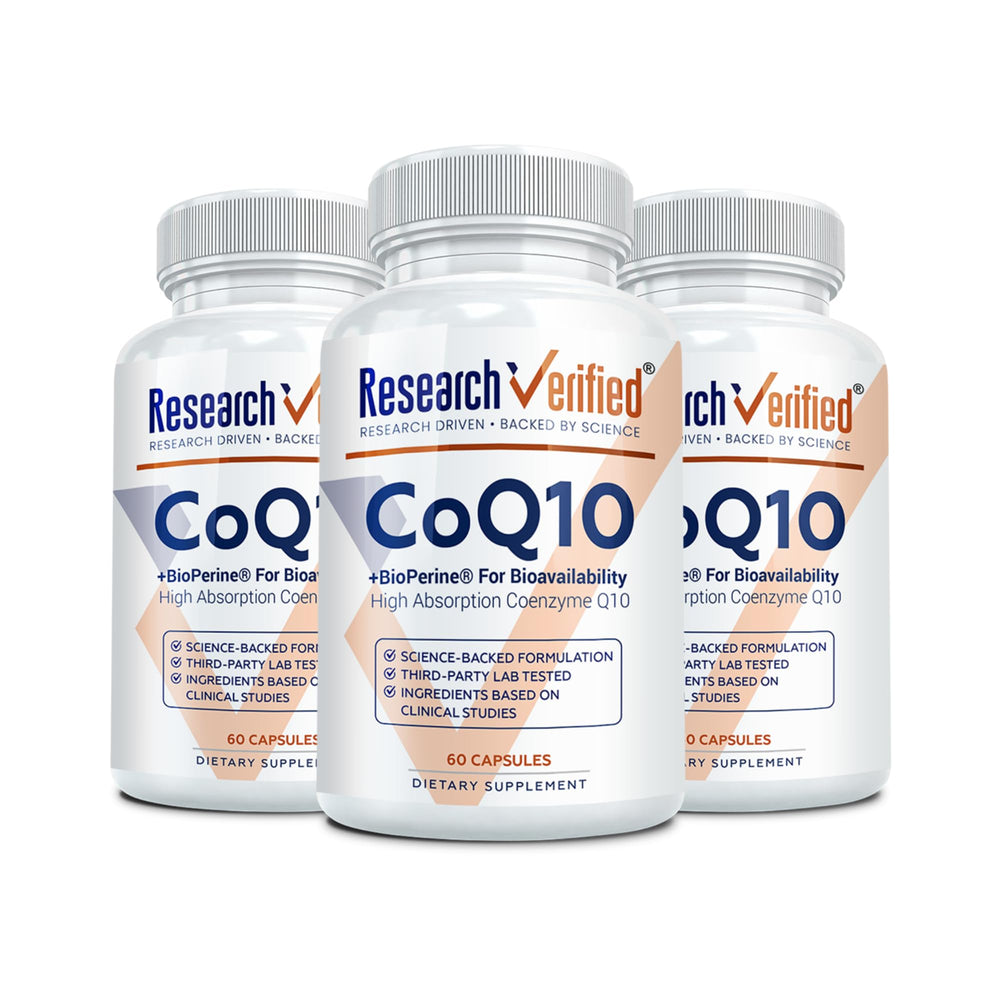 Research Verified CoQ10 bottle close-up showcasing vegan, high-potency formula for antioxidant support