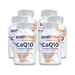 Research Verified CoQ10 bottle front shows 360 vegan capsules.