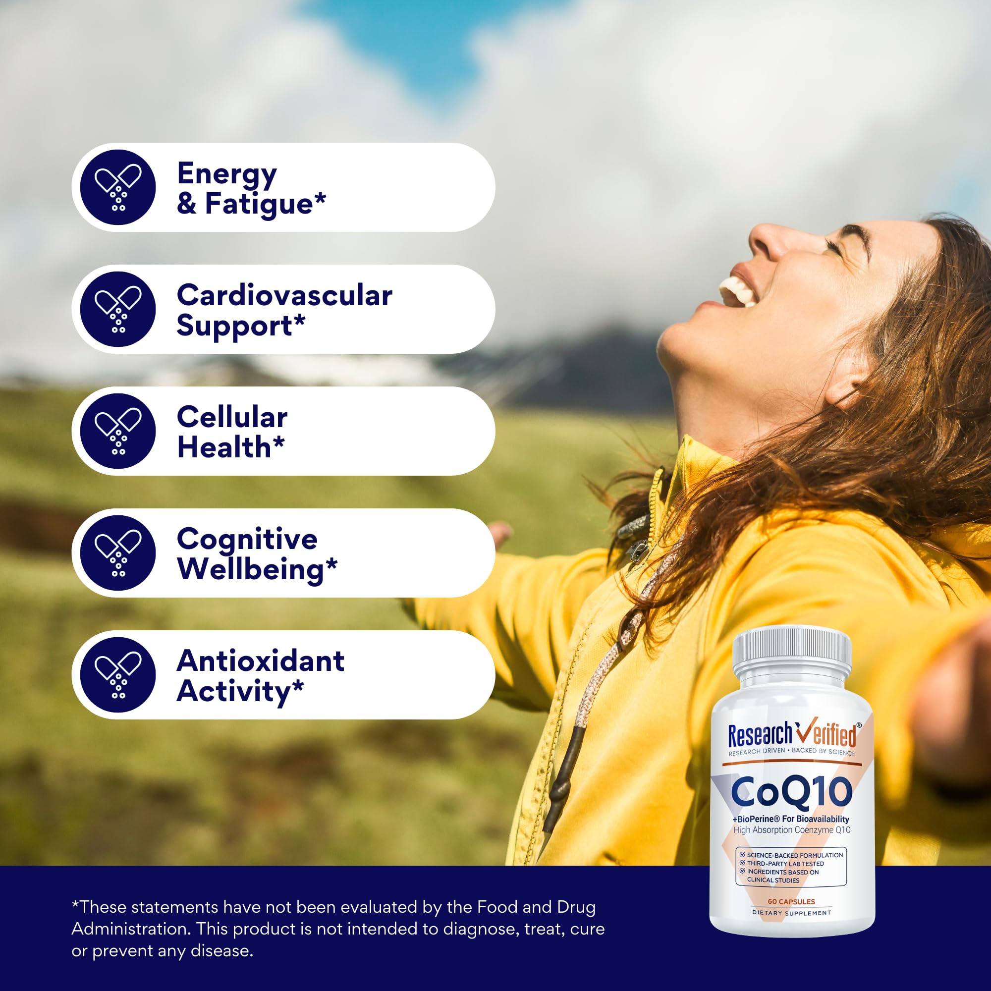 Research Verified CoQ10 bottle nutrition label provides potency details.