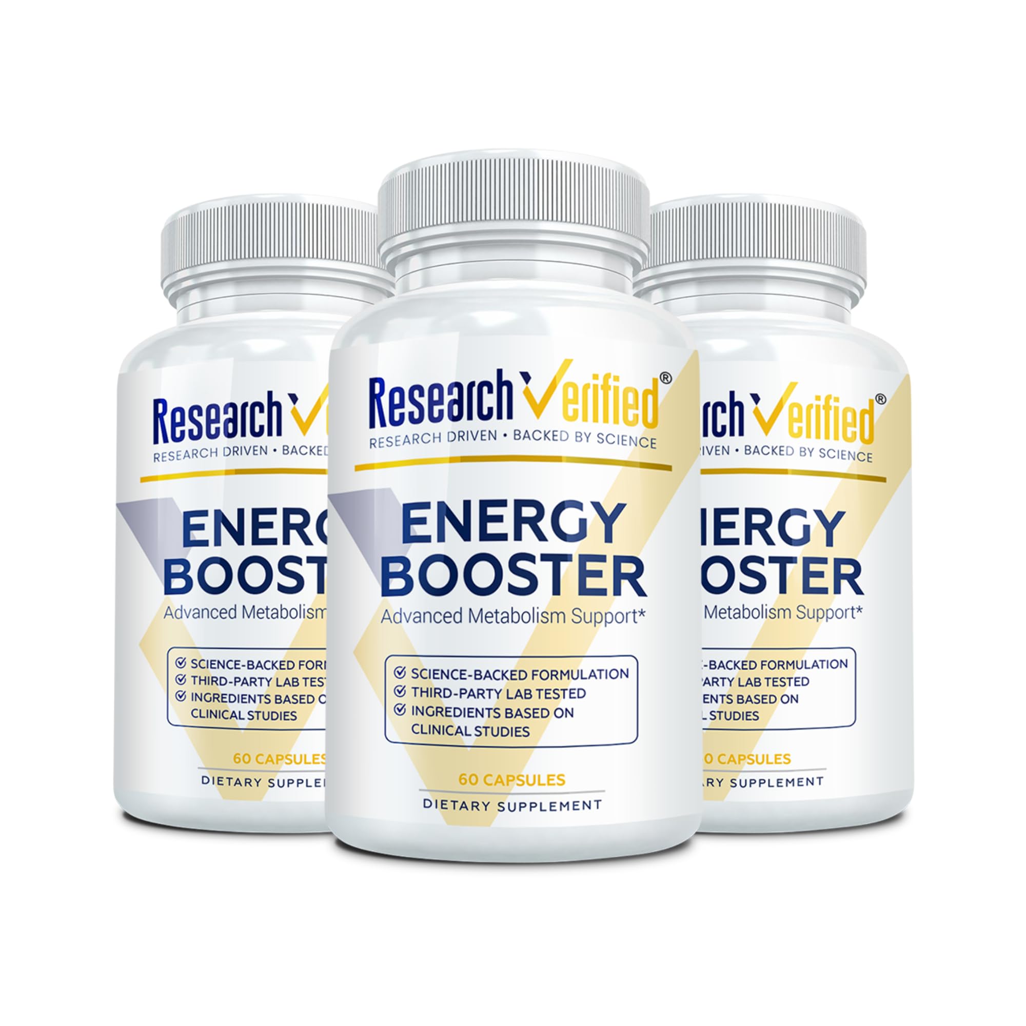 Research Verified Energy Booster bottle front highlights full B vitamin complex for daily energy.